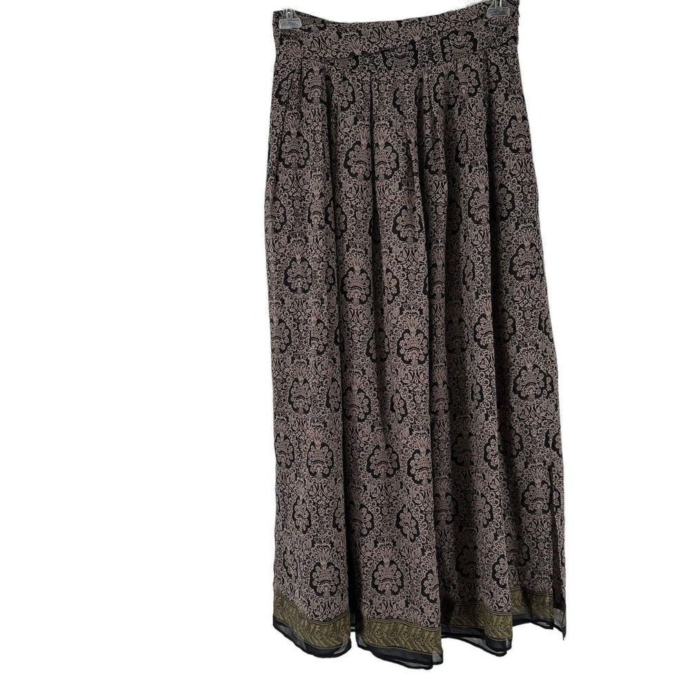 Brochu Walker Maxi Skirt 100% Silk Size S Bohemian Designer Brown Patterned Slit